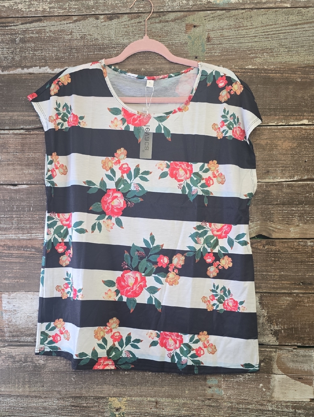 Levaca Striped Floral Short Sleeve Top - with Pink Roses, Size L, NWT